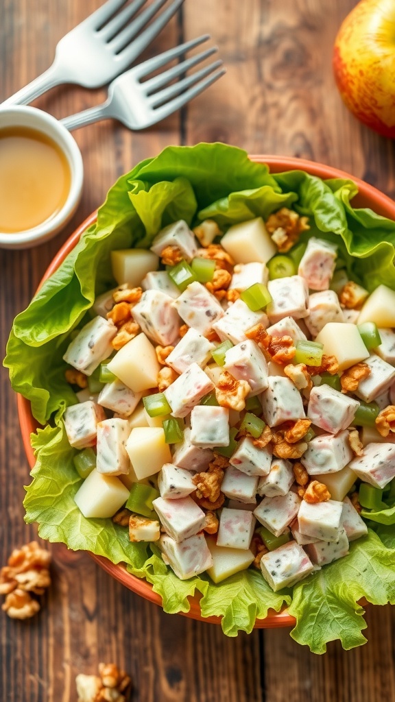 A colorful tuna and apple salad with apples, tuna, celery on lettuce, garnished with walnuts.